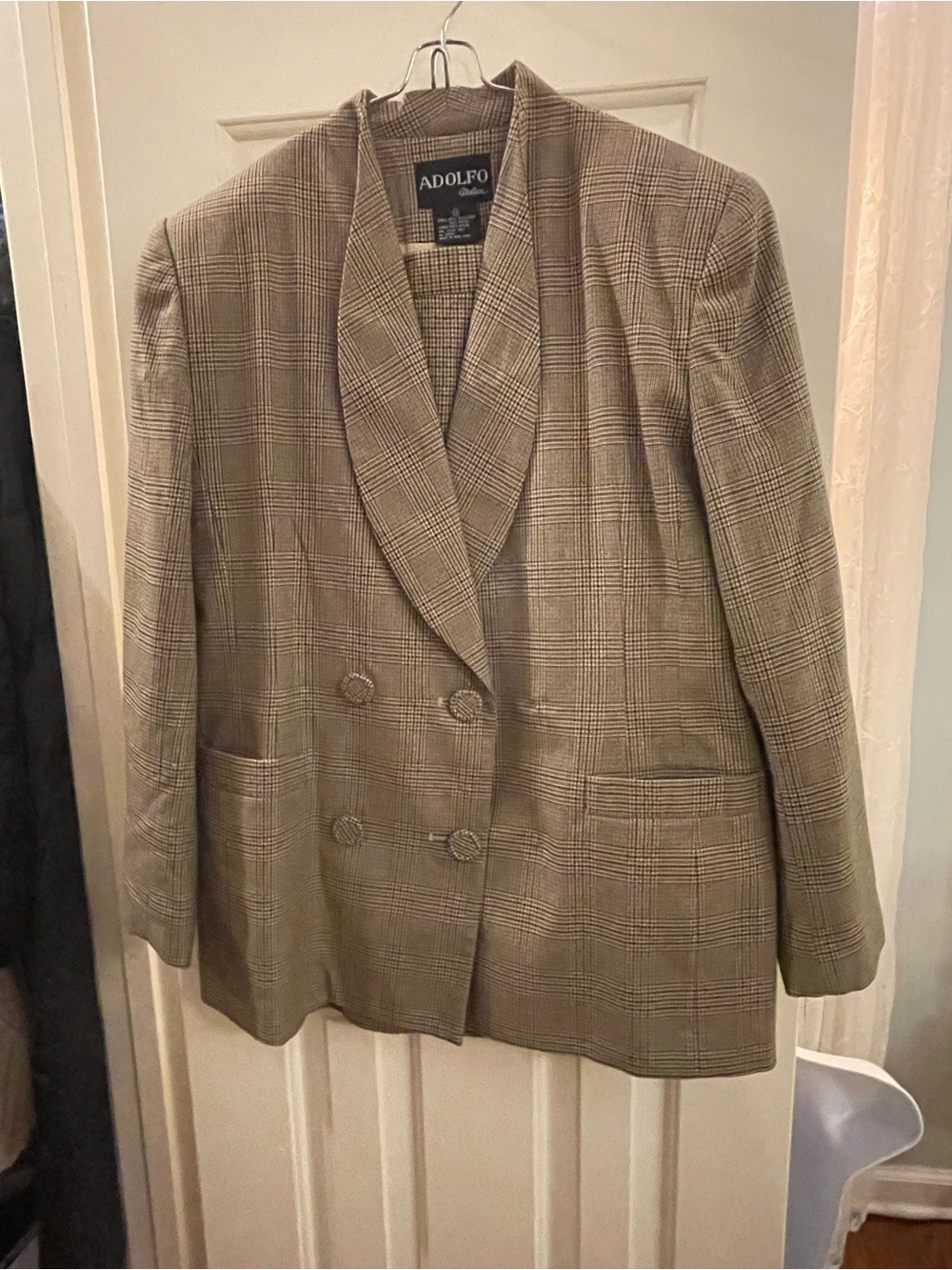 Adolfo Atelier Women’s Double-Breasted Plaid Suit in Taupe